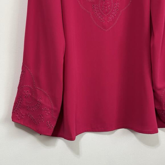 Susan Graver Top XL Berry Pink Eyelet Buttons Long Sleeve Popover Boho NEW - Picture 3 of 8